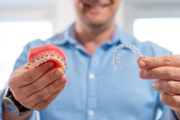 Invisalign or braces. Smiling orthodontist doctor holding aligners and braces in hand shows the difference between them